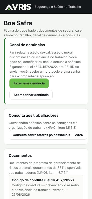 Página do trabalhador no celular, com canal de denúncias e documentos